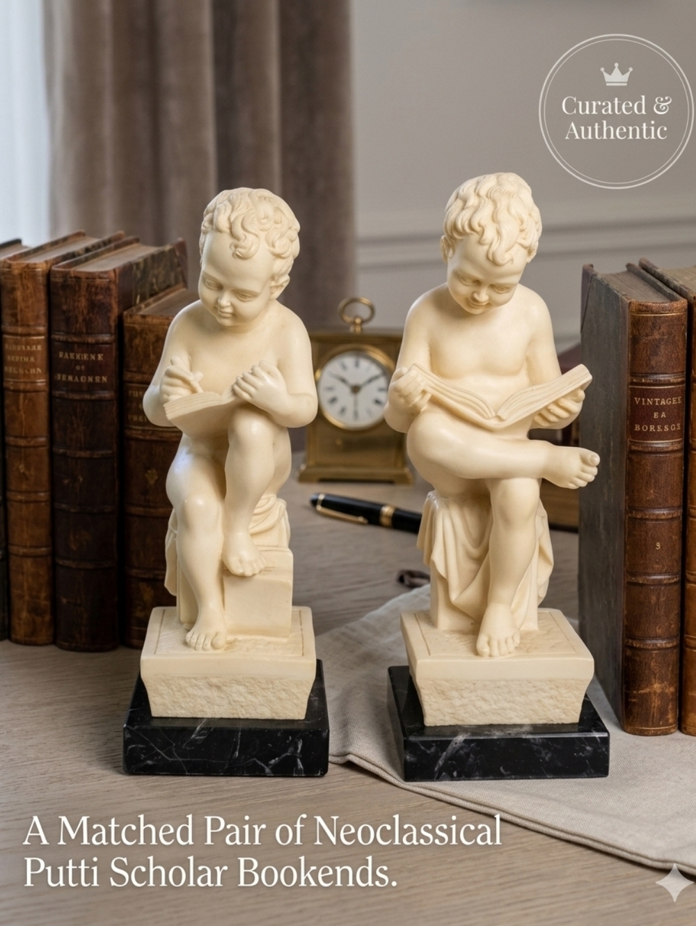 Vtg Gino Ruggeri Italy Scholar Putti Bookends Reading & Writing Boy Marble Base